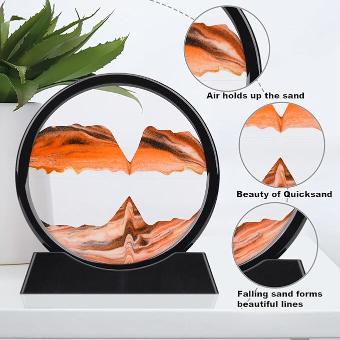 QLKUNLA Moving Sand Art Picture Liquid Motion 3D Deep Sea Sandscape in Motion Display Flowing Sand Frame Relaxing Desktop Home Office Work Decor Art Toys (7 inch, Orange)