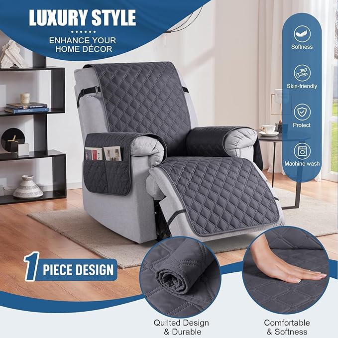 TAOCOCO 100% Waterproof Recliner Covers, Recliner Sofa Covers with Leg Straps, Reversible Recliner Couch Cover for Reclining Chair, Washable Couch Protector for Pets Kids(1 Seater 28", Charcoal Gray)