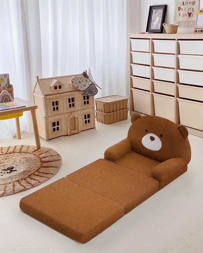 MOONBEEKI Comfy Toddler Chair, Kids Couch Fold Out to Lounger, Foldable Baby Sofa Plush for Girl and Boy Age 18 Months and Up （ Brown Bear）