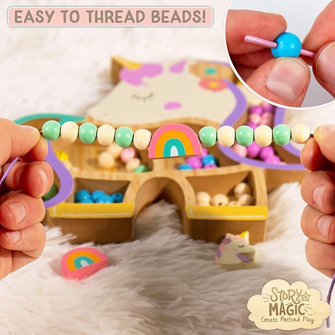 Story Magic Unicorn Bead Set by Horizon Group USA, Create Your Own Magical Beaded Jewelry, Includes Over 100 Natural Wooden Beads Large Hole, 5 Pre-Cut Elastic Cords with Shoelace Ends, Storage Case