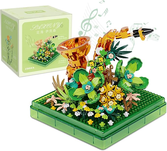 Saxophone Mini Building Block Sets with Colorful Flower Decor, Micro Building Sets with Dust Cover,Gift for Girl,Lover,Mother, Home Office Decor Kit Suit for Kids and Adult Aged 8+(Saxophone)