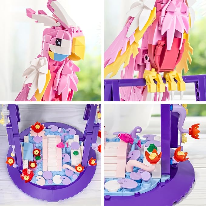 Flowers and Parrot 2 in 1 Building Sets Rotatable 360° Compatible with Lego Sets for Adult, Creative Bird Botanical Collection Set Decor for Home Office, Gifts for Boys Girls Age 8+ Kids 630PCS Pink