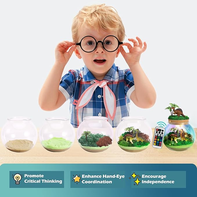 Dinosaur Light-Up Terrarium Kit for Kids- Dinosaur Birthday Gifts for Boys Ages 4 5 6 7 8-12 Year Old- Dinosaur Toys for Boys with Multicolor LED Light & Remote