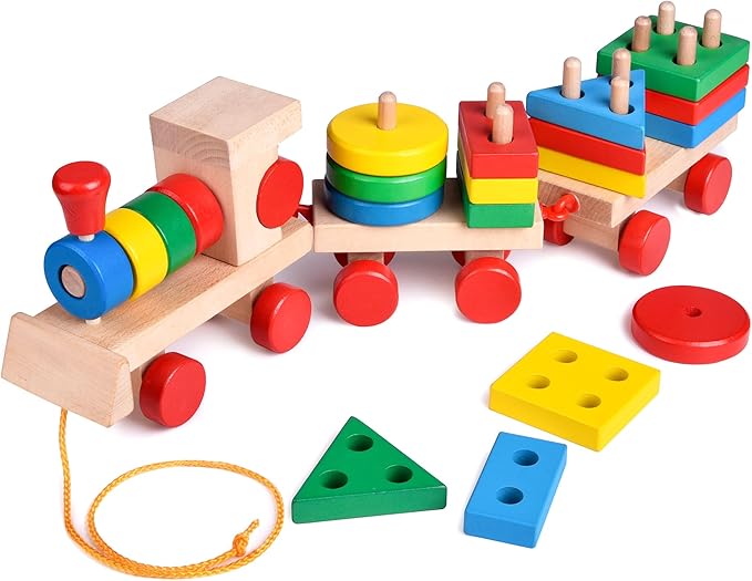 FUN LITTLE TOYS Stacking Train, Shape Sorter Wooden Toys(23 pcs), Sorting & Stacking Toys for Toddler 3, Montessori Toys for 3 Year Old Boy Girl Gifts, Kids Wooden Train Toy