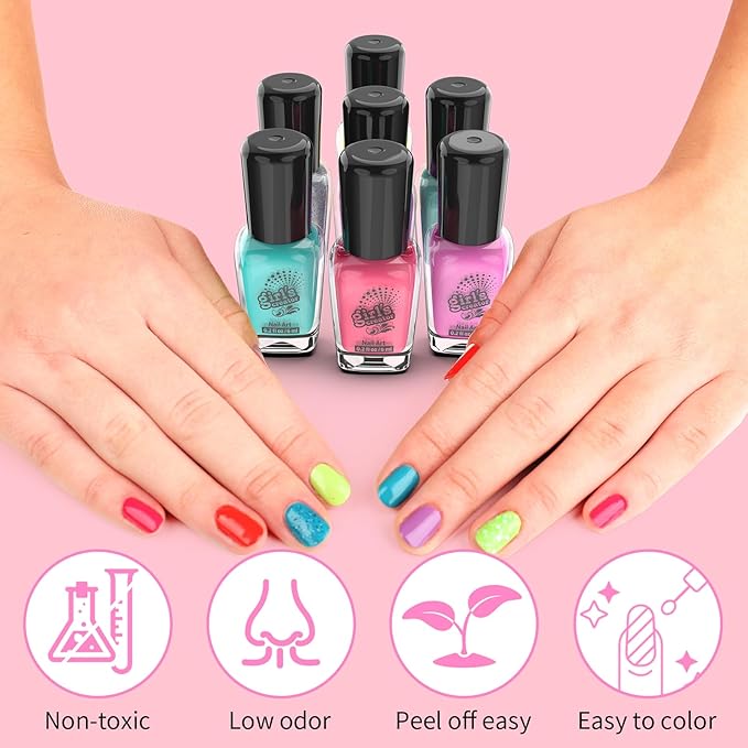 Nail Polish Kit for Kids Ages 7-12 Years Old，Nail Art Studio Set for Girls, Nail Dryer, Peeled-off Nail Polish, Glitter, Stickers, Gems, Manicure Salon Gift for Sleepover, Birthday, Christmas