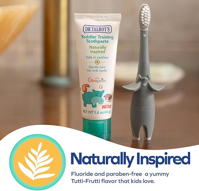 Toddler Training Toothbrush and Natural Kids Toothpaste with Citroganix - 1.6 oz - Fluoride-Free Toothpaste and Toddler Toothbrush - 6+ Months - Elephant