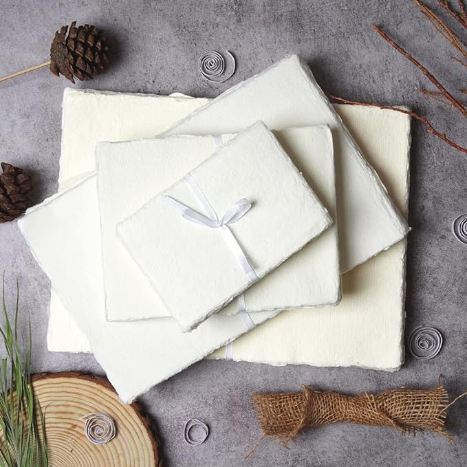 50 Sheets - Rough/Textured Watercolor Paper - 7.5 X 11.5 inches(150GSM) - Handmade/Deckle Edge Paper Made from Virgin Egyptian Cotton - Off-White by Leather Village