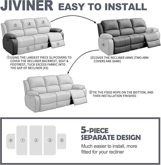 JIVINER Recliner Couch Cover, Jacquard 5 Piece Stretch Sofa Covers for 3 Cushion Reclining Lazy Boy Soft Washable Sofa Slipcovers Protector with Pockets (Recliner Sofa, Dusty Pink)