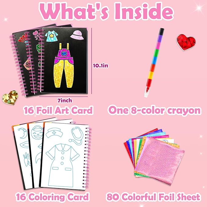 Foil Art Craft Activity for Kids: Fun DIY Toy Sticker Kit, No Mess Creative Travel Supply Set, Idea Birthday Easter Basket Stuffers Valentines Gift for Girl Boy Toddler 4 5 6 7 8 9 Year Old (Dress Up)