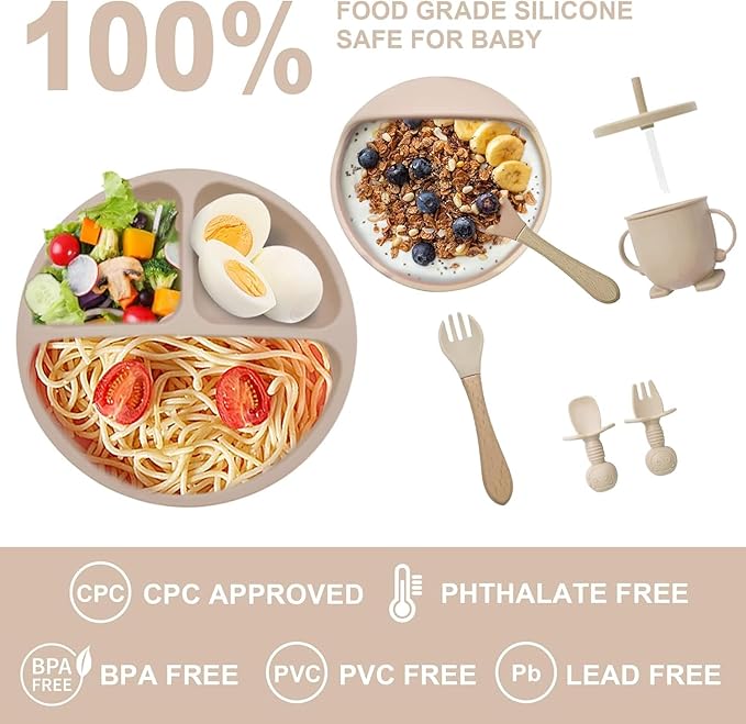Baby Feeding Tableware Set Silicone Tray and Bowl with Suction Cup Baby Weaning Supplies Adjustable Waterproof Bib Learning Cup and 2 Spoons 2 Forks 8-Piece Set（Apricot）