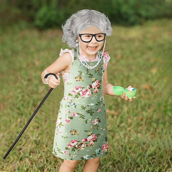 Kyson Girls Old Lady Costume for Kids 9 Pcs 100th Days of School Granny Wig Apron Outfit Halloween Dress Up Accessories