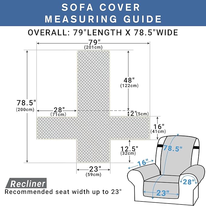 XINEAGE Water Resistant Recliner Cover, Nonslip Recliner Chair Covers for Reclining Chair with Pockets, Quilted Thick Recliner Slipcovers for Pets and Kids (Recliner Chair, Light Gray)