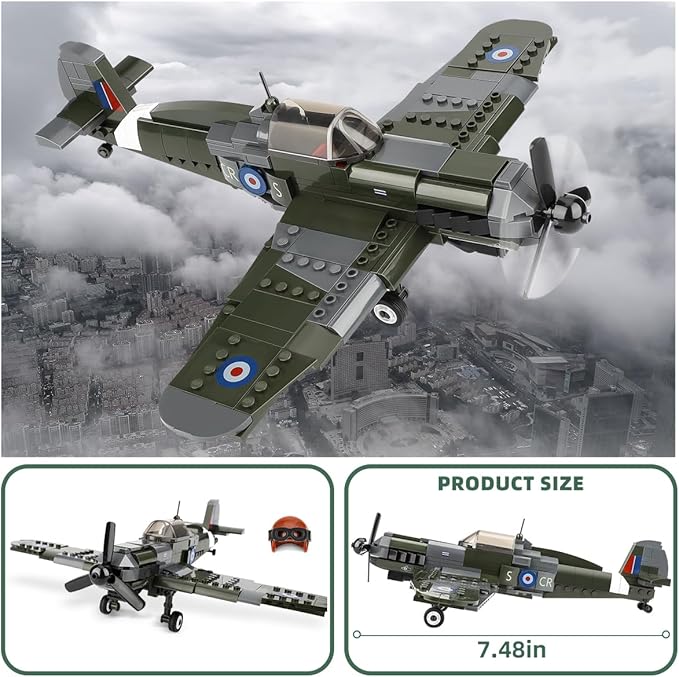 TOY PLAYER Spitfire Fighter Military WW2 Plane Building Set - with Sliding Features, Compatible with Lego Plane, Rotating Propellers, and an Open Cockpit Door
