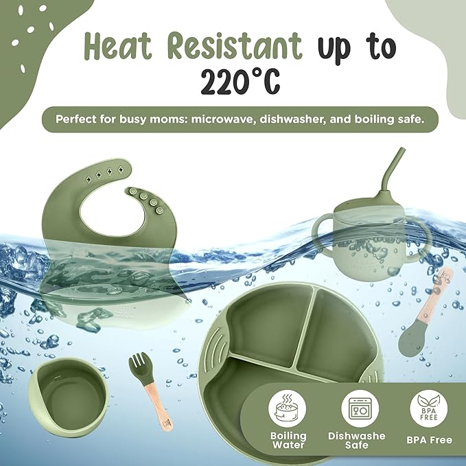 Silicone Baby Feeding Set, Eating Utensils with Suction Plate and Bowl, Baby Led Weaning Supplies, Toddler Self Feeding Dish Set, Waterproof Bib, Baby Feeding Essentials, Spoon 10pcs (Green)