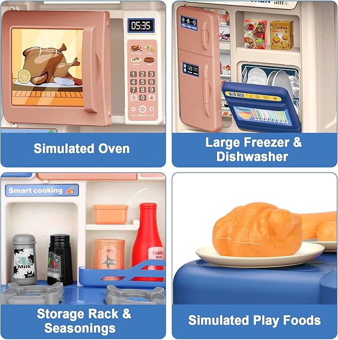 deAO Kitchen Playset Toy with Sounds and Lights, Role Playing Game Pretend Food and Cooking Playset for Kids,35 PCS Kitchen Accessories Set for 3 4 5 Years Old Girls Boys (Blue)