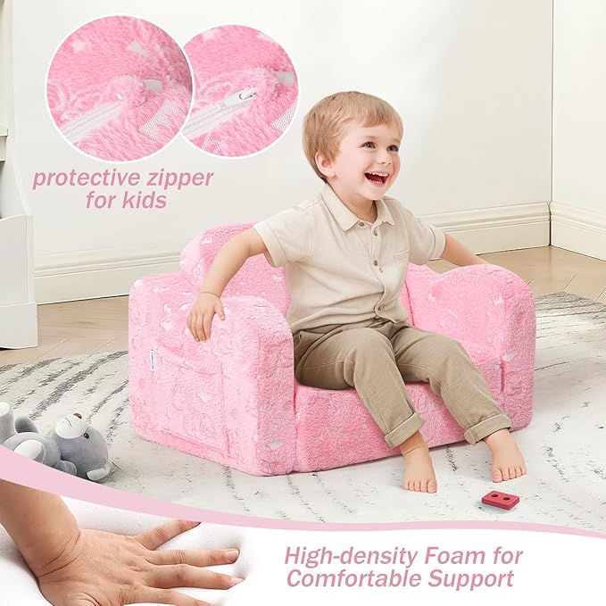 MeMoreCool Glow-in-The-Dark Unicorn Kids Couch – Soft Plush Folding Toddler Chair and Fold-Out Recliner for Boys and Girls