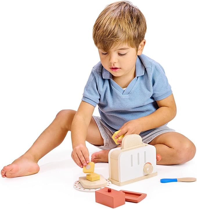 Mentari Toys - Rise & Shine Toaster Set - 10pc Wooden Toaster Toy with Pretend Play Food Accessories - Kids Role Play Kitchen/Cafe Toy - Improves Motor Skills - Sparks Creativity - Age 3+