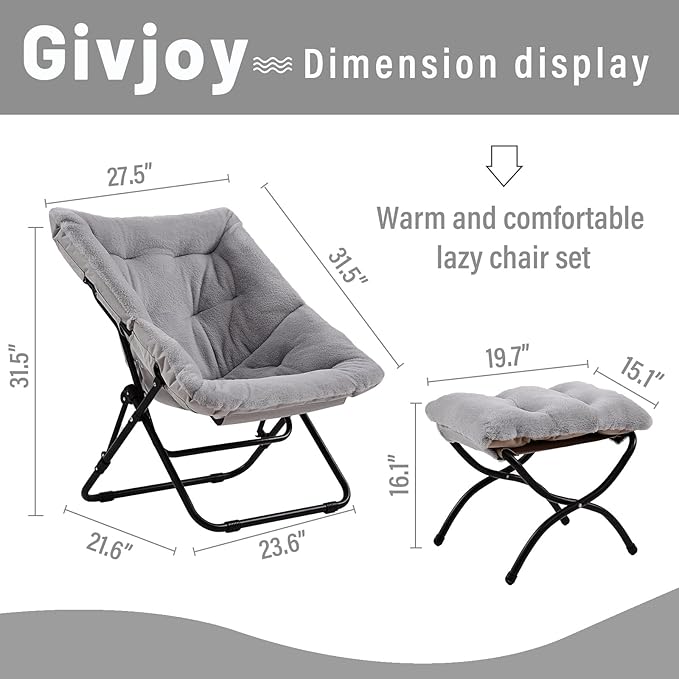 Comfy Saucer Chair with Ottoman, Oversized Folding Faux Fur Chair Soft Furry Lounge Lazy Chair with Metal Frame Moon Chair Accent Chair for Bedroom, Living Room, Dorm Rooms