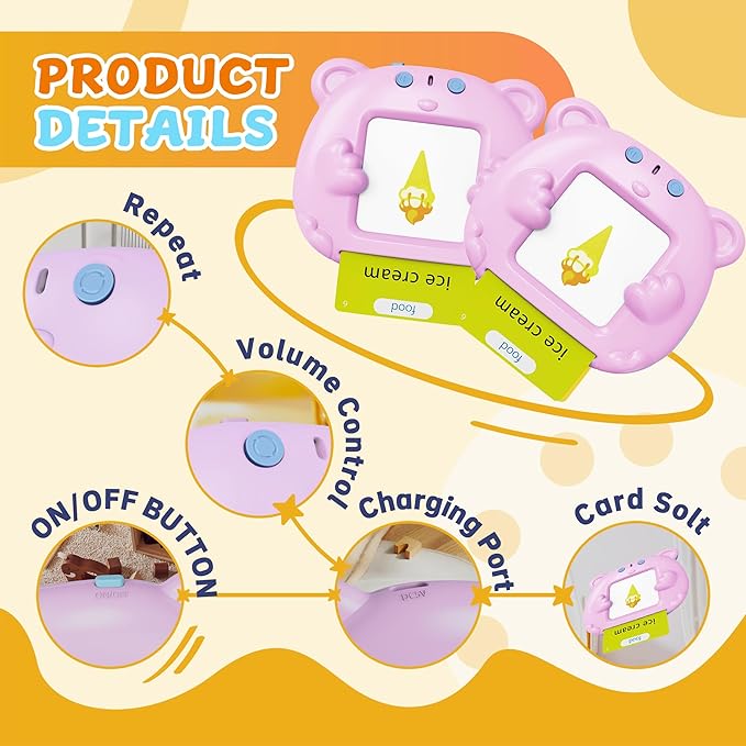Toddlers Talking Flash Cards, Baby Learning Cards with 224 Sight Words, Educational Toy Gifts for Toddler 3-12 Year Old Boys and Girls, Montessori Toys, Speech Therapy, Autism Sensory Toys, Pink