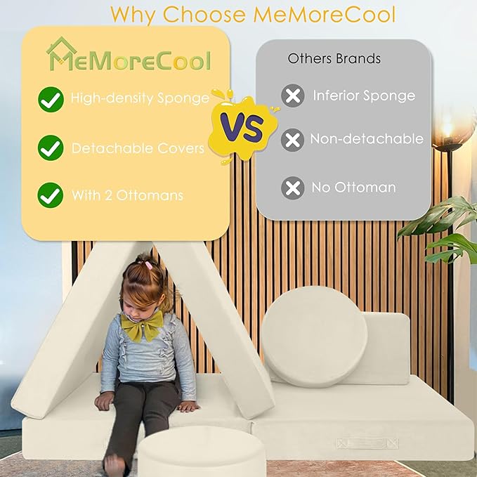 MeMoreCool Modular Kids Play Couch, Beige Foam Sofa and Fort Explorer Building Set for Toddlers and Playroom