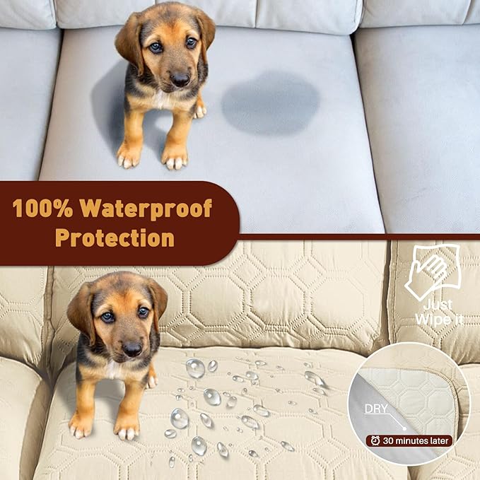 XINEAGE 100% Waterproof Recliner Chair Cover, Non Slip Covers for Recliner Chair with Pocket, Washable Dog Recliner Couch Cover with Elastic Straps (Beige, 22")