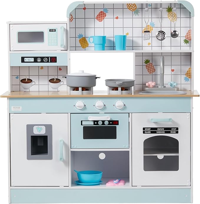 VEVOR Wooden Play Kitchen Toy, Play Kitchen for Kids with Lights and Sounds, Toddler Kitchen with Ice Maker, Oven, Sink, Microwaves, Fridge and Utensil and Fruit Accessory for Toddlers Ages 3-8, White