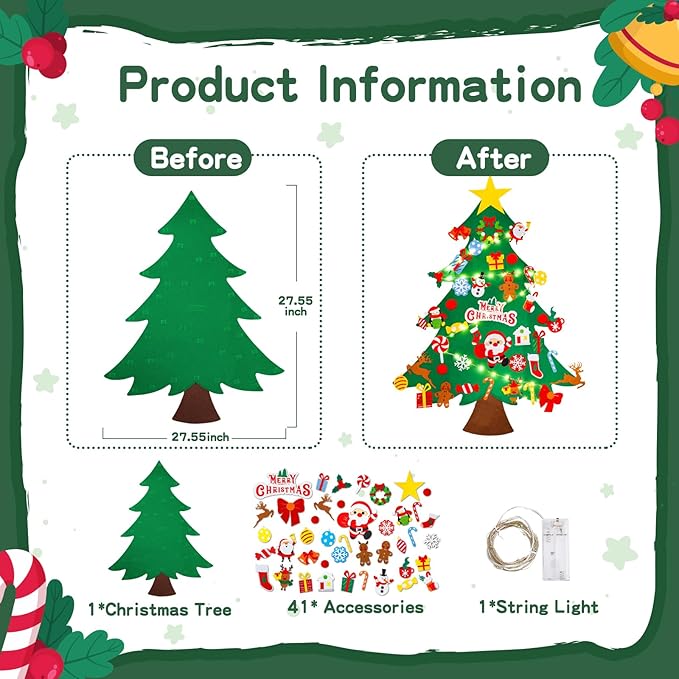 Max Fun DIY Felt Christmas Tree Set 3.2Ft with 41 Ornaments for Kids Toddlers Home Wall Hanging Felt Christmas Craft Kits Xmas Decoration Party Supplies
