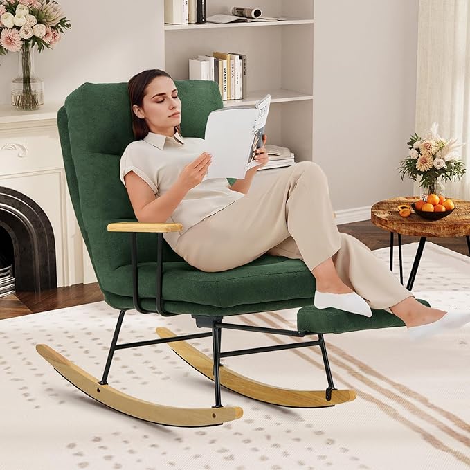Rocking Chair with Footrest-Glider Rocker Chair with Retractable Footrest and Adjustable Backrest, Teddy Upholstered Rocking Chair, Modern Accent Chair for Living Room/Nursery/Bedroom/Outdoor-Green