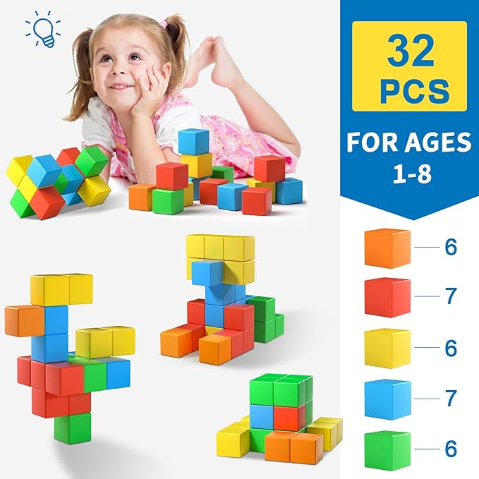 Magnetic Blocks,1.42 inch 32pcs Large Magnetic Building Block for Toddlers 3 4 5 6 7 8 Year Old Boys Girls Color Magnetic Cubes Learning Toys for Kids 1-3 Sensory Toys Age 4-8 Gift