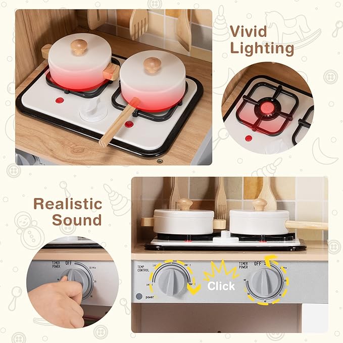 KOTEK Play Kitchen, Wooden Toddler Kitchen Playset w/Light and Sound/Blackboard/Microwave/Ice Maker/Oven/Stove/Faucet, Chef Pretend Play Toy, Kitchen Set for Kids, Gift for Girls Boys Age 3+(Natural)