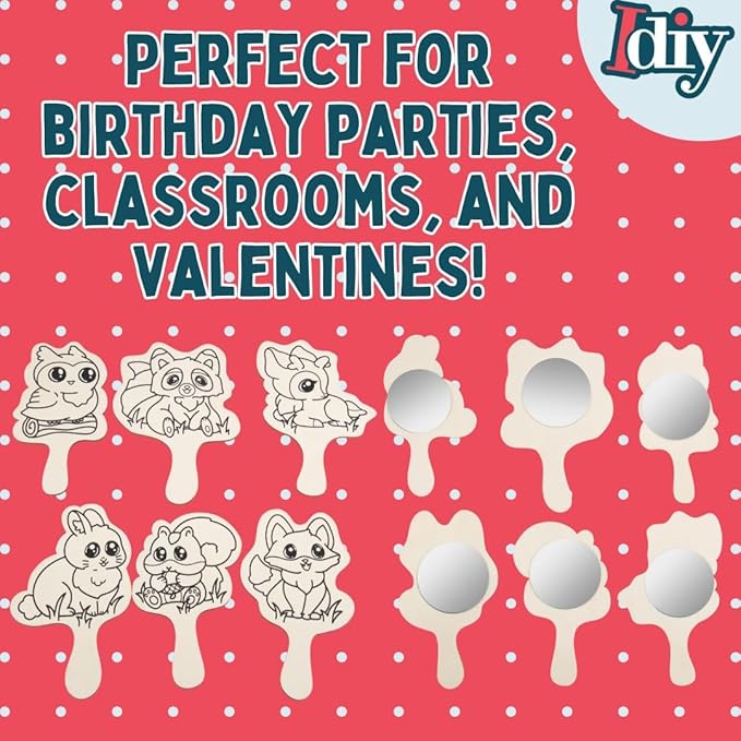 Paint Your Own Mirror Kids Party Craft Kits(12 Forest Friends Wood Mirrors w Paints)-Each Kit Has its Own Brush, Paint, & Project-Fun, Unique Birthday Favors, Valentines Classroom School Activity Gift