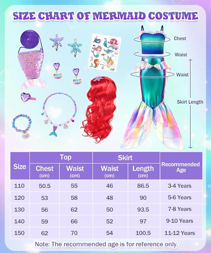 Mermaid Costume Dress, Mermaid Princess Dress for Girls with Wig Headband Necklace for Birthday Party Cosplay