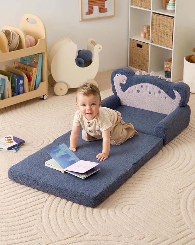Blissful Diary Kids Couch, 2-in-1 Soft Toddler Couch Fold Out, Toddler Chair Comfy, Convertible Sofa to Lounger with Cute Dinosaur Designs, Blue