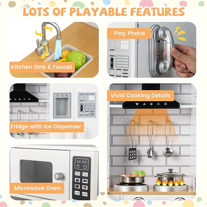 Kids Corner Play Kitchen, Wooden Toy Kitchen Set with Lights & Sounds, Pretend Play Kitchen for Kids with Kitchen Accessories,11-in-1 Toddler Kitchen Gifts for Ages 3+