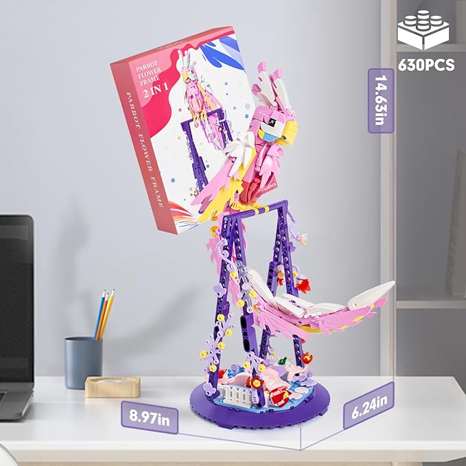 Flowers and Parrot 2 in 1 Building Sets Rotatable 360° Compatible with Lego Sets for Adult, Creative Bird Botanical Collection Set Decor for Home Office, Gifts for Boys Girls Age 8+ Kids 630PCS Pink