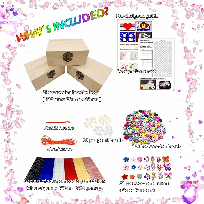DEUXPER DIY Mosaic Jewelry Box & Beads Bracelets for Kids Ages 8-12, Crafts for Girls 6-8 9 10 11 Year Old, Girls Toys 10-12, Arts and Crafts for Kids, 7 Girl Birthday Gift