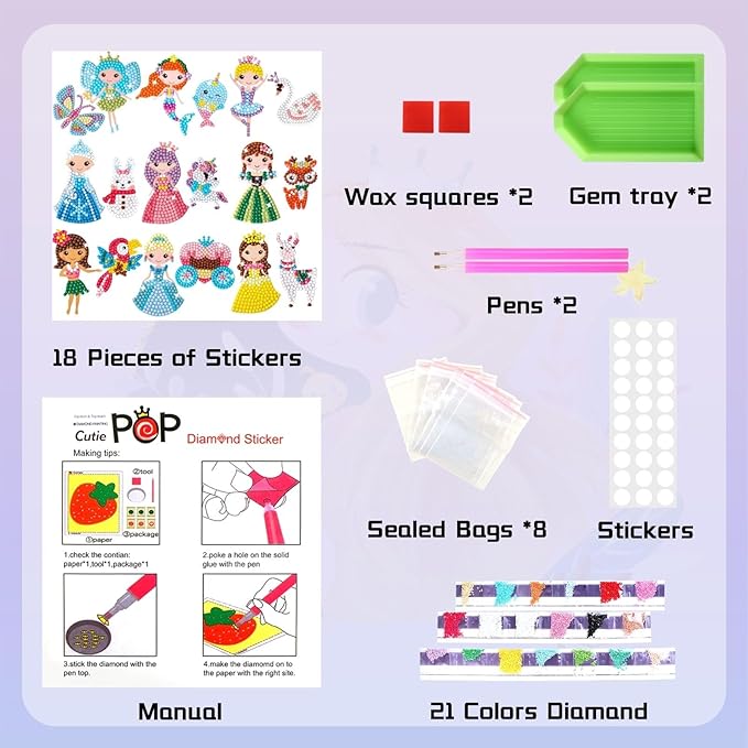Cymbana Painting Diamond Kits for Kids 18 Pcs Princess and Their Buddy Gen Art Sticker for Kids Ages 6-8 8-12 Contains Unicorn, Mermaid