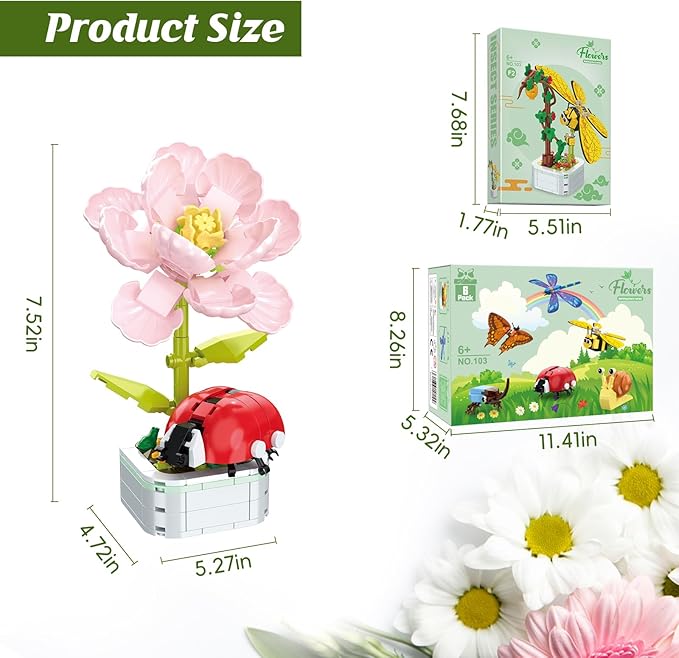 POKONBOY 6 Pack Flowers Building Set, Creative Flower Building Toys Bonsai Building Kits Botanical Collection for Home Room Decor Christmas Birthday Gift for Girls Boys Aged 6 and Up