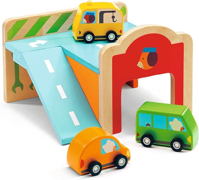 DJECO Early Learning Mini Garage - Cute Vehicle Toys for Toddlers - Fun & Creative Activity for Family & Friends - Wooden Automobile Set for Children 18+ Months Girls & Boys