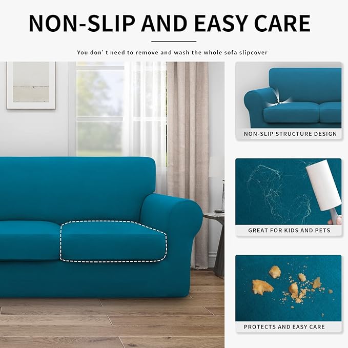 Easy-Going 100% Dual Waterproof Oversized Loveseat Cover Stretch Soft Couch Cover for Dogs, Sofa Slipcover for 2 Separate Cushion Couch Leakproof Furniture Protector Peacock Blue