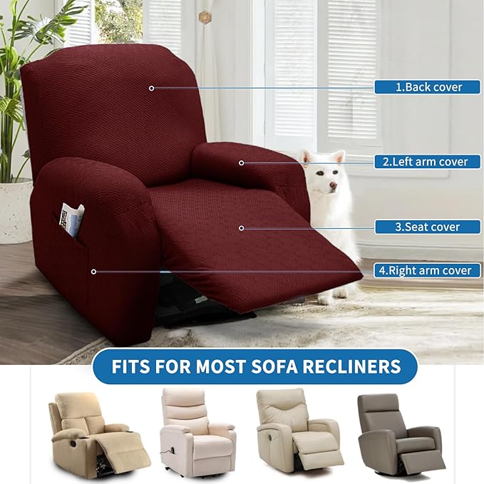 XINEAGE 4 Pieces Recliner Cover Stretch Jacquard Recliner Chair Covers Soft Recliner Slipcovers with Pocket for Kids and Pets, Washable Couch Cover (Recliner, Wine Red)