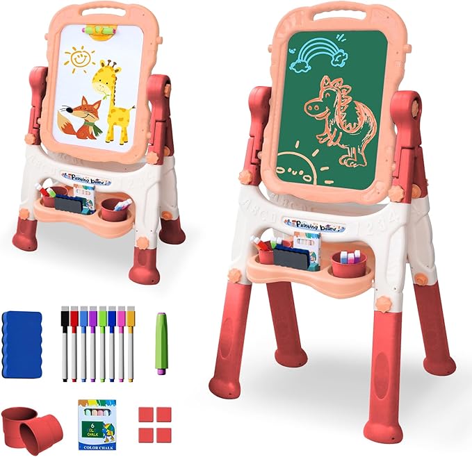 Easel for Kids, Double Sided Kids Art Easel with White Board & Chalk Board, Adjustable Standing Toddler Easel with Drawing & Writing Accessories, Toy for Age 2-4 Boys Girls Birthday Gifts (Pink)