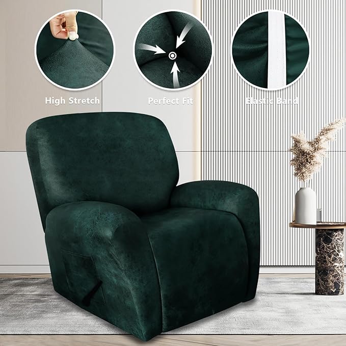 Leather Like Recliner Chair Covers Heavy Duty, 4 Pieces Lazy Boy Recliner Cover for Recliner Chair, Leather Cover for Recliner slipcovers Washable for Pets (Dark Green)