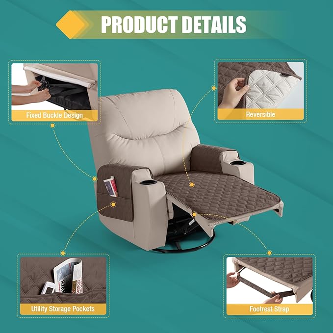 Ruaozz Waterproof Recliner Chair Covers Non Slip Chair Covers Washable Recliner Covers for Reclining Chair with Pockets Covers for Recliner Chair for Pets, Kids (Brown, Medium-25'')