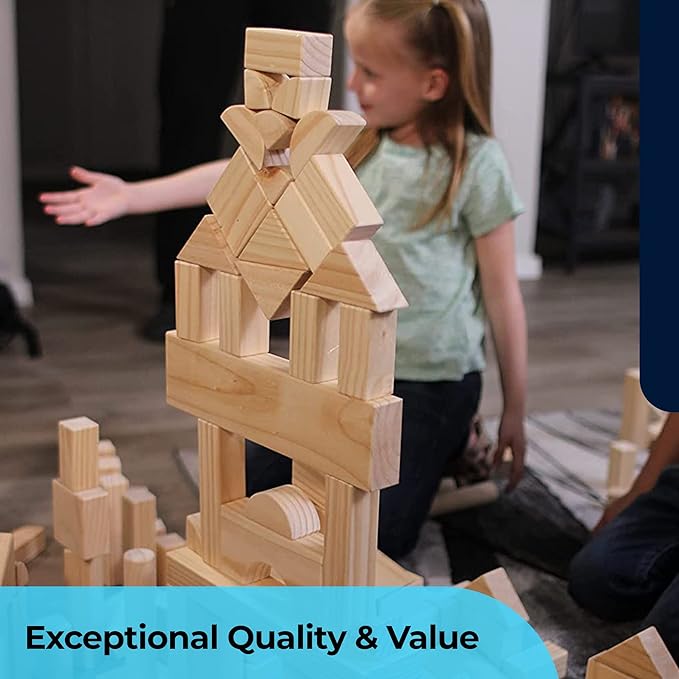 Standard Unit Building Blocks for Toddlers with Storage Tray (64 Pcs) Sanded Wood Blocks for Children, Original STEAM, and STEM Learning, Classic Wooden Toys for Kids Parties and Classrooms