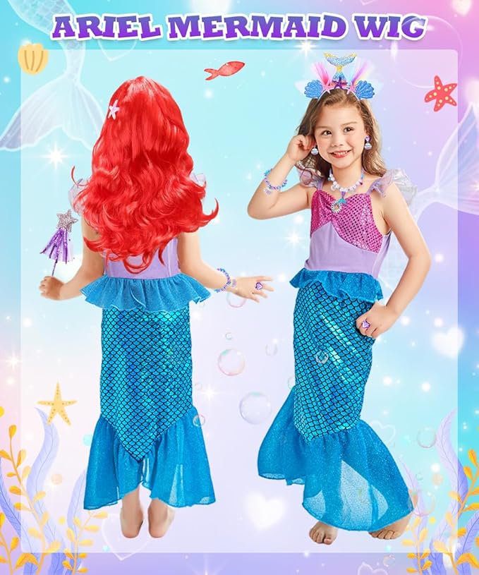 Mermaid Costume Dress, Mermaid Princess Dress for Girls with Wig Headband Necklace for Birthday Party Cosplay