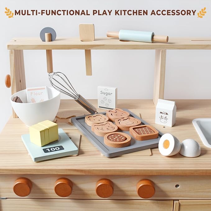 PairPear Wooden Toy Cookies and Baking Set,Kids 28 Pieces Play Food Toy Kitchen Playset,Pretend Play Kitchen Accessories Gift for Boys and Girls 3 Years and up