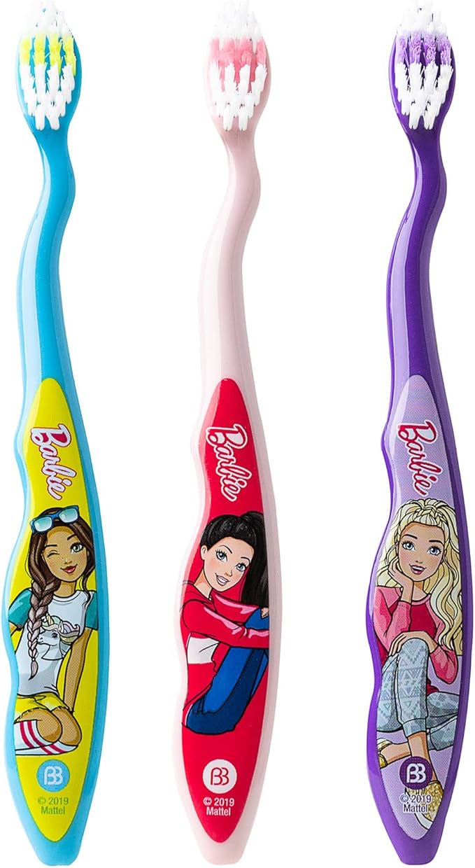 Brush Buddies Barbie Manual Soft Bristled Toothbrush for Kids, Multi-Colored & Fun Toddler Toothbrush, Anti-Slip Grip Handle, Kids Travel Toothbrush, 3 Pack