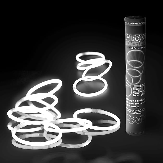8" Glow Stick Bracelets - Bulk 50 Pack for Mardi Gras, St. Patrick's Day, and Nighttime Celebrations - White