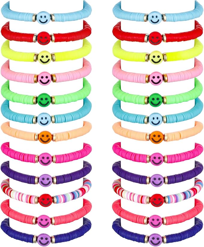 Sureio 24 Pcs Colorful Happy Smile Face Friendship Bracelets Preppy Bracelets Heishi Surfer Stretch Bracelets Beaded Bracelet for Women Party Favors